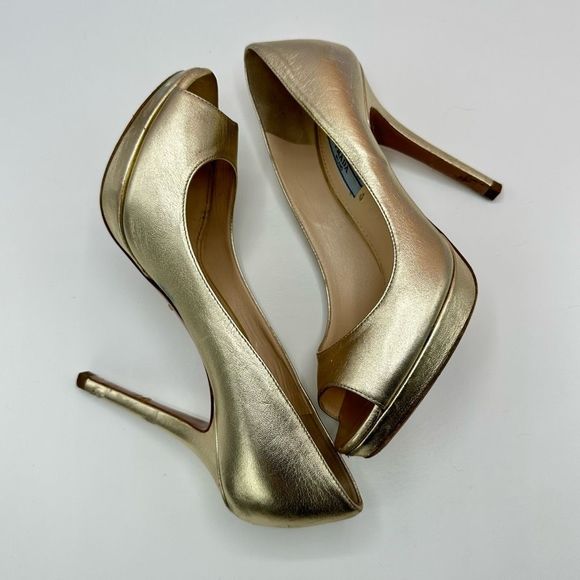 Prada Gold Platform Peep Toe Pump Heels Size 37.5 w/ Original Box Retail $720 - Picture 10 of 11